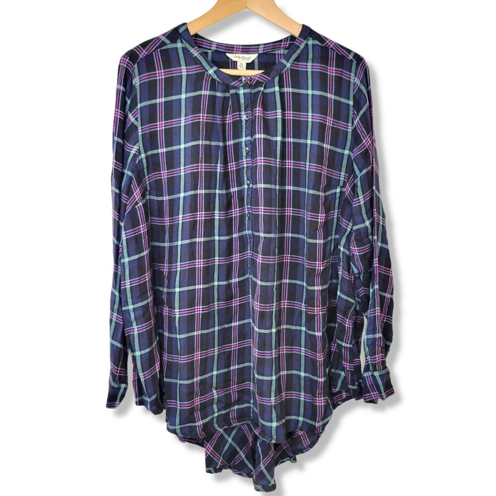 Lucky Brand Henley Popover Rayon Tunic top Plus 2XL Green Plaid Blue Black Prep